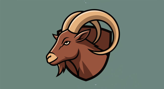 Stylized depiction of a brown goat's head with large curved horns and a beard on a muted teal background
