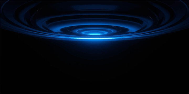 Abstract dark background with glowing blue concentric circles and empty copy space at bottom