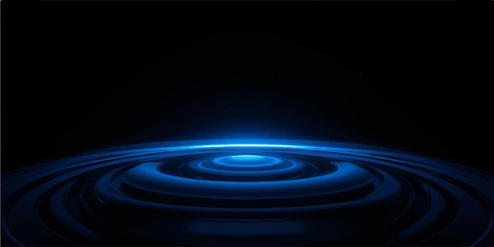 Futuristic black backdrop with neon blue water wave ripple effect at the bottom