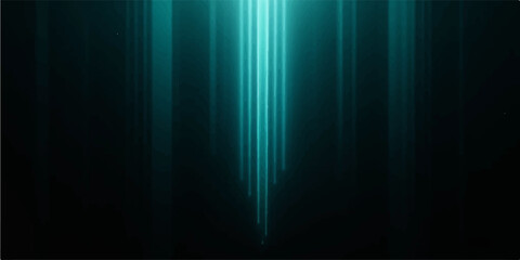 Abstract dark background with vertical cyan neon light streaks cascading down from top center © Md