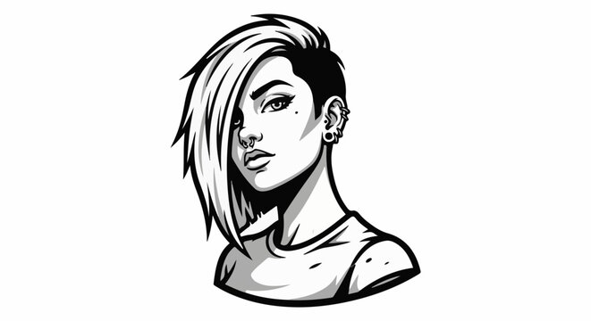 A striking black and white graphic portrait of a young woman with an undercut hairstyle and piercings