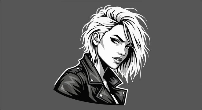 Stylish young woman with windswept hair and leather jacket, looking confidently at viewer