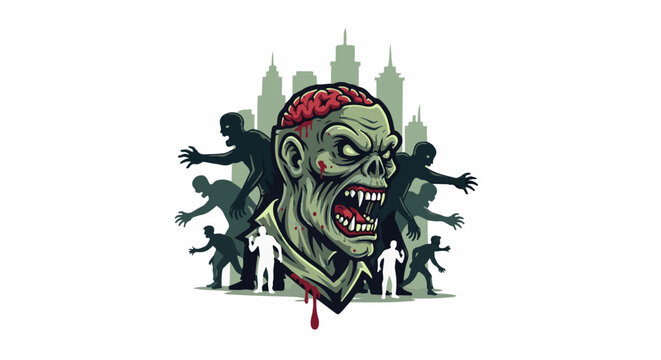 A menacing zombie's head erupts from a horde of shadowy figures against a cityscape