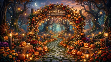 Obraz premium Enchanted Pumpkin Patch Entrance at Night with Glowing Jack o Lanterns and Stone Path through Spooky Autumn Forest under Crescent Moon and Magical Fairy Lights for Halloween Celebration Decor