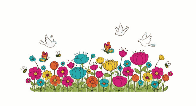 Whimsical garden with colorful flowers, flying birds, and busy bees