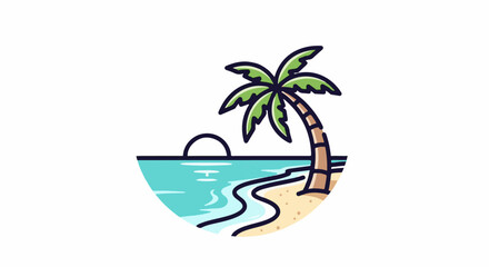 Fototapeta premium A stylized circular graphic depicts a tranquil beach scene with a palm tree, sand, and ocean
