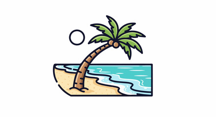 Obraz premium A vibrant cartoon beach scene with a leaning palm tree, golden sand, and turquoise ocean waves