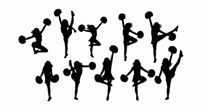 Black silhouettes of cheerleaders in dynamic poses with pom-poms