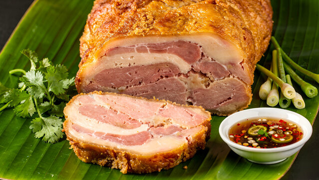Vietnamese chicken loaf, also known as cha lua or gio lua chicken version, sliced to show texture, on a banana leaf with fresh herbs, dipping sauce
