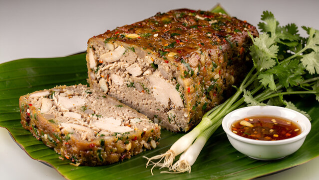 Vietnamese chicken loaf, also known as cha lua or gio lua chicken version, sliced to show texture, on a banana leaf with fresh herbs, dipping sauce