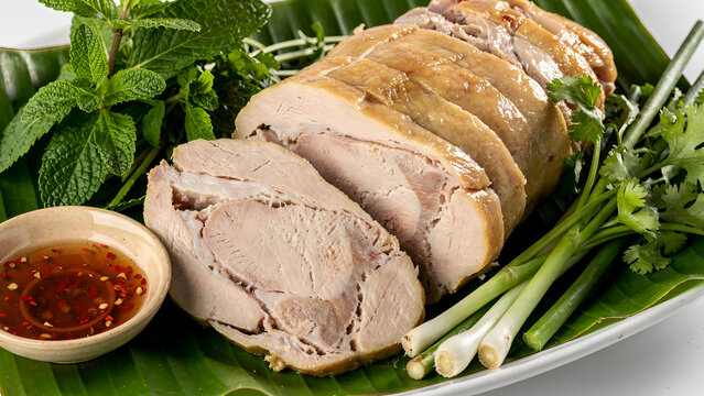 Vietnamese chicken loaf, also known as cha lua or gio lua chicken version, sliced to show texture, on a banana leaf with fresh herbs, dipping sauce