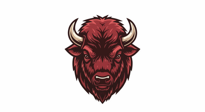 Fierce red buffalo head with menacing eyes and curved horns, styled as a graphic illustration