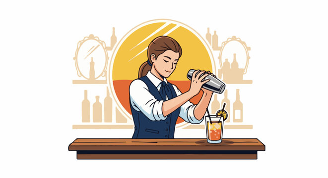 Animated bartender mixes a vibrant cocktail behind a wooden bar counter, with bottles and a mirror in the background