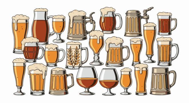 Assortment of frothy amber beverages in various glassware, from steins to elegant goblets
