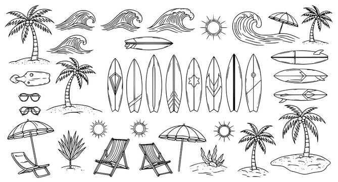 Beach and surfing illustrations set with palm trees surfboards and tropical elements