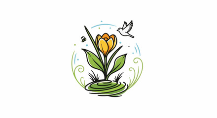 Fototapeta premium A stylized yellow flower with green leaves, a bee, and a bird in a whimsical design