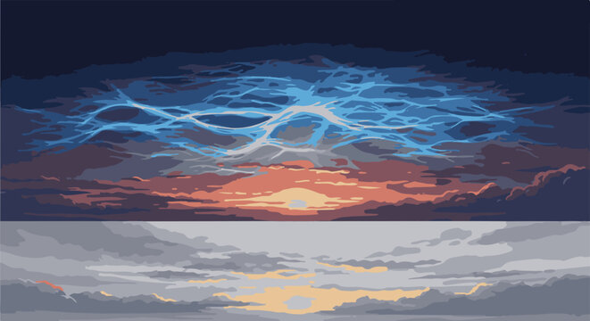 Pixelated stormy sky with a sun breaking through clouds, reflected below