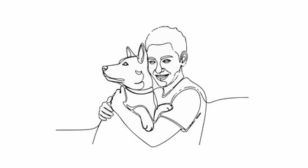 Obraz premium A smiling person embraces a dog in a continuous line drawing
