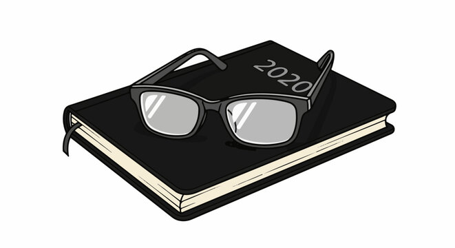 A black planner with the year 2020 imprinted and eyeglasses resting on top