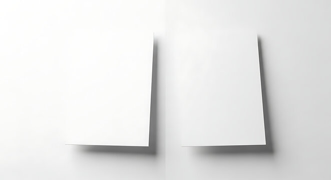 Two blank vertical white paper sheets with soft shadows on a white background template stationary document minimalist business brochure background presentation advertising corporate