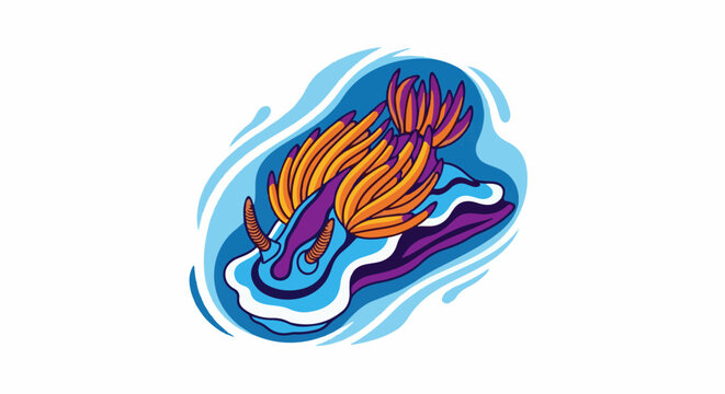 Vibrant sea slug with feathery appendages in stylized blue water