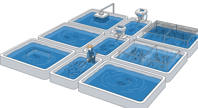 Modern aquaculture facility featuring multiple outdoor fish rearing tanks with automated feeders and a worker performing maintenance.