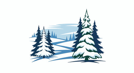 Obraz premium Snowy forest with winding path and distant hills