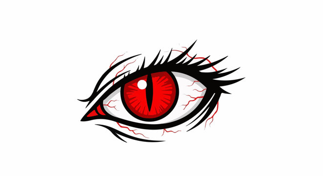 Fierce red eye with detailed veins and sharp black eyelashes