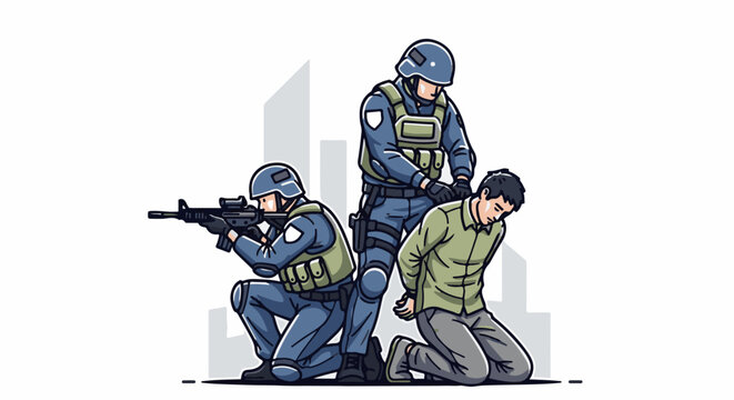 Two armed officers apprehend a kneeling man in a cityscape