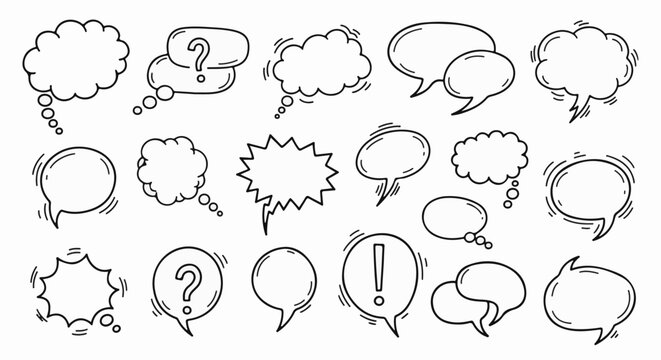 A variety of hand-drawn speech and thought bubbles