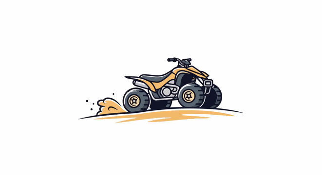 Yellow all-terrain vehicle kicking up sand on a white background