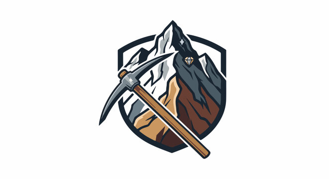 Emblem featuring a pickaxe, mountains, and a diamond gem