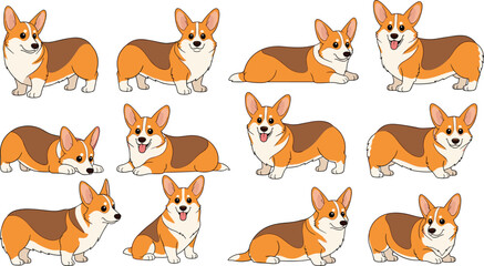 Fototapeta premium Cute Corgi Dog Character Collection with Different Poses Expressions Sitting Standing and Lying Illustration