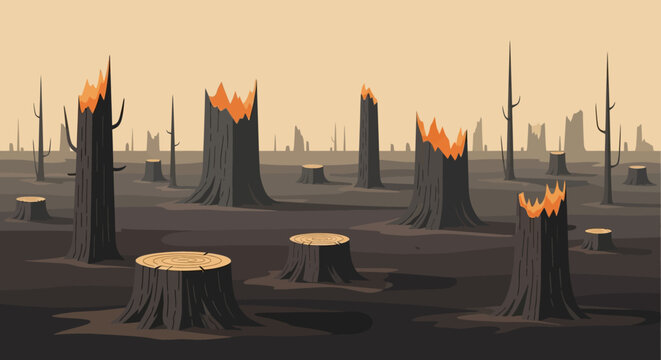 Forest transformed into charred landscape with burnt tree stumps