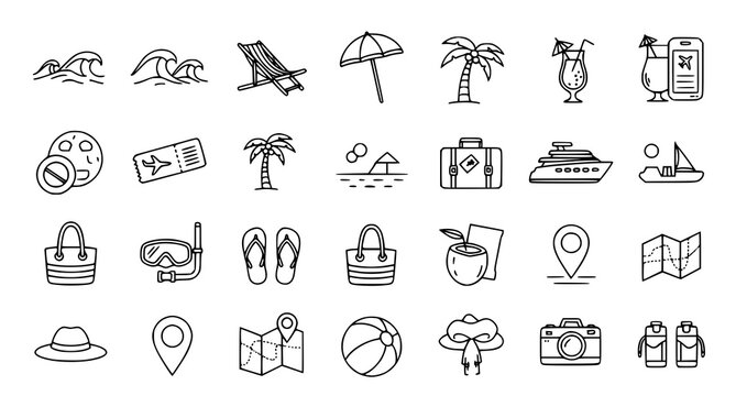 Travel and vacation icons for planning a beach trip or summer getaway