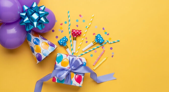 Celebration items like balloons, gift, party hat, blower, candles, and confetti on yellow background, perfect for party invitation or greeting card design