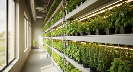 Fototapeta premium Vertical Indoor Farming System with Lush Green Plants Under Grow Lights.