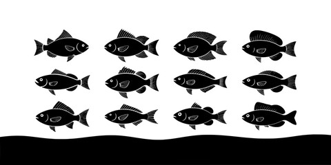 Fototapeta premium Fish set with black silhouettes swimming in water featuring aquatic, underwater, sea with ocean and marine elements for life, nature projects, clean