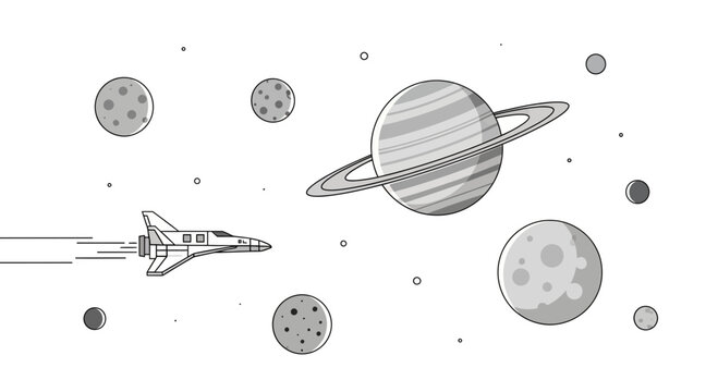Spaceship exploring planets and stars in outer space, flat design