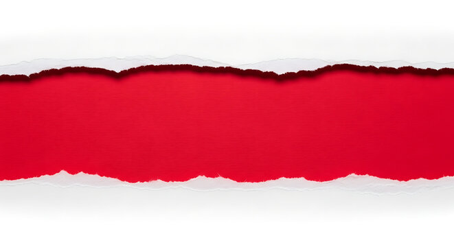 Torn white paper strip revealing a bright red background for creative graphic design with torn edge background paperwork template revealing abstract material