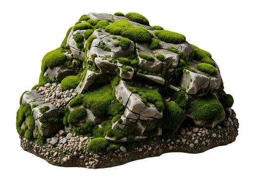 Moss-covered rock with green algae texture isolated on transparent background