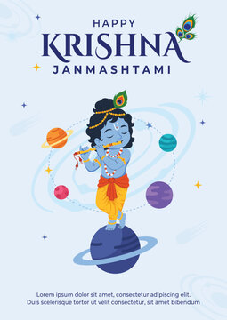 Cosmic krishna Janmashtami Poster Baby Krishna Playing Flute in Tribanga Pose on Planet with Galaxy Background