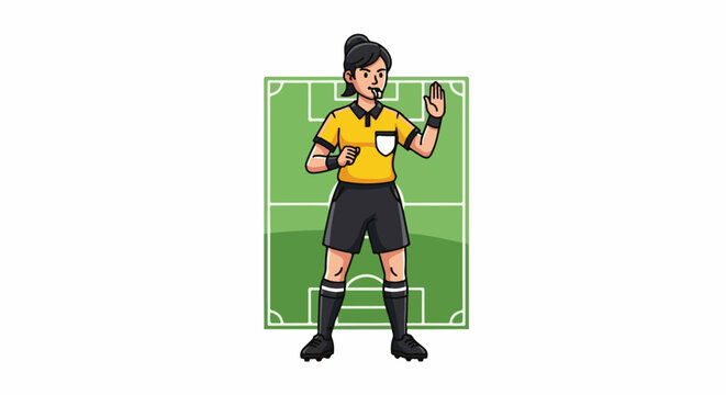 A cartoon female soccer referee in a yellow shirt and black shorts stands on a green field, blowing a whistle