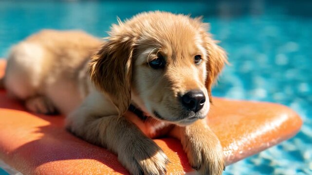 Golden retriever pup resting on a coral float in crisp blue water, dynamic summer shine, neat reflections, lively but calm pool vibe