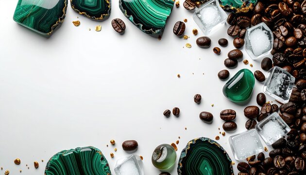 Polished malachite slices and roasted coffee beans with ice cubes on white