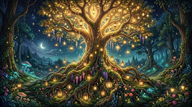 Magical tree of life glowing with golden lantern light in a whimsical enchanted forest at night with starry sky and crescent moon, ethereal fantasy background for digital wallpapers.