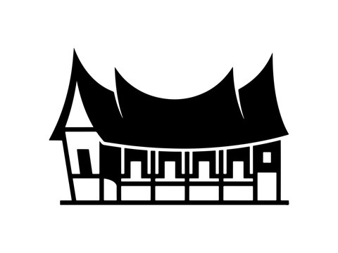 A clean black silhouette of a Rumah Gadang, the traditional communal house of the Minangkabau people in West Sumatra, Indonesia, featuring its distinctive curved roofs.