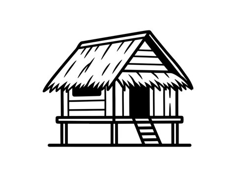 Black and white line art illustration of a traditional Southeast Asian stilt house or bahay kubo with a thatched roof, ideal for travel and cultural designs.