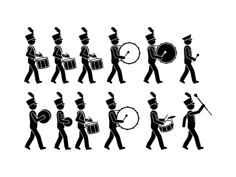 A comprehensive collection of black stick figure silhouettes featuring a marching band drumline and percussion section in full uniform and shakos.