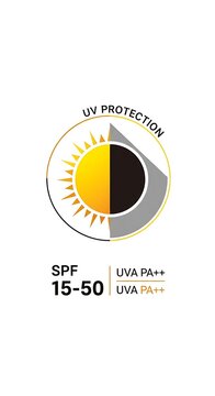 Sunscreen bottle with SPF 15-50 protection label.